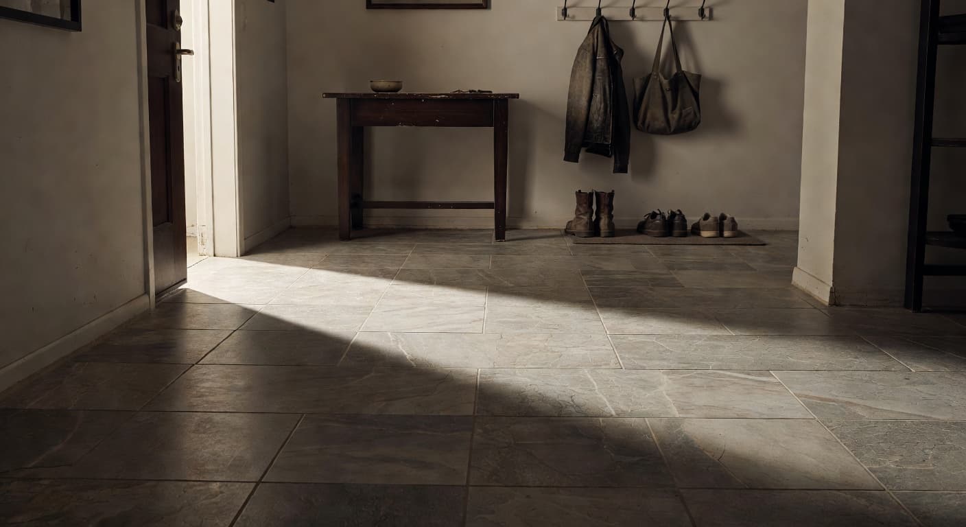 Bright sunlight pours through an open doorway, illuminating durable stone-look tiles that extend across a residential entryway. Strong cinematic shadows create dramatic contrast, highlighting the texture and resilience of the floor.
