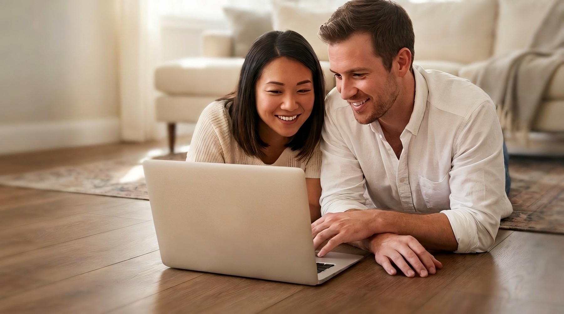 Couple relaxing with a laptop on a hardwood floor at home