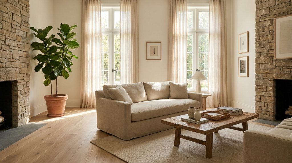 Sunlit living room with wide-plank white oak floors in a warm natural finish, a linen sofa, a wooden coffee table, tall windo